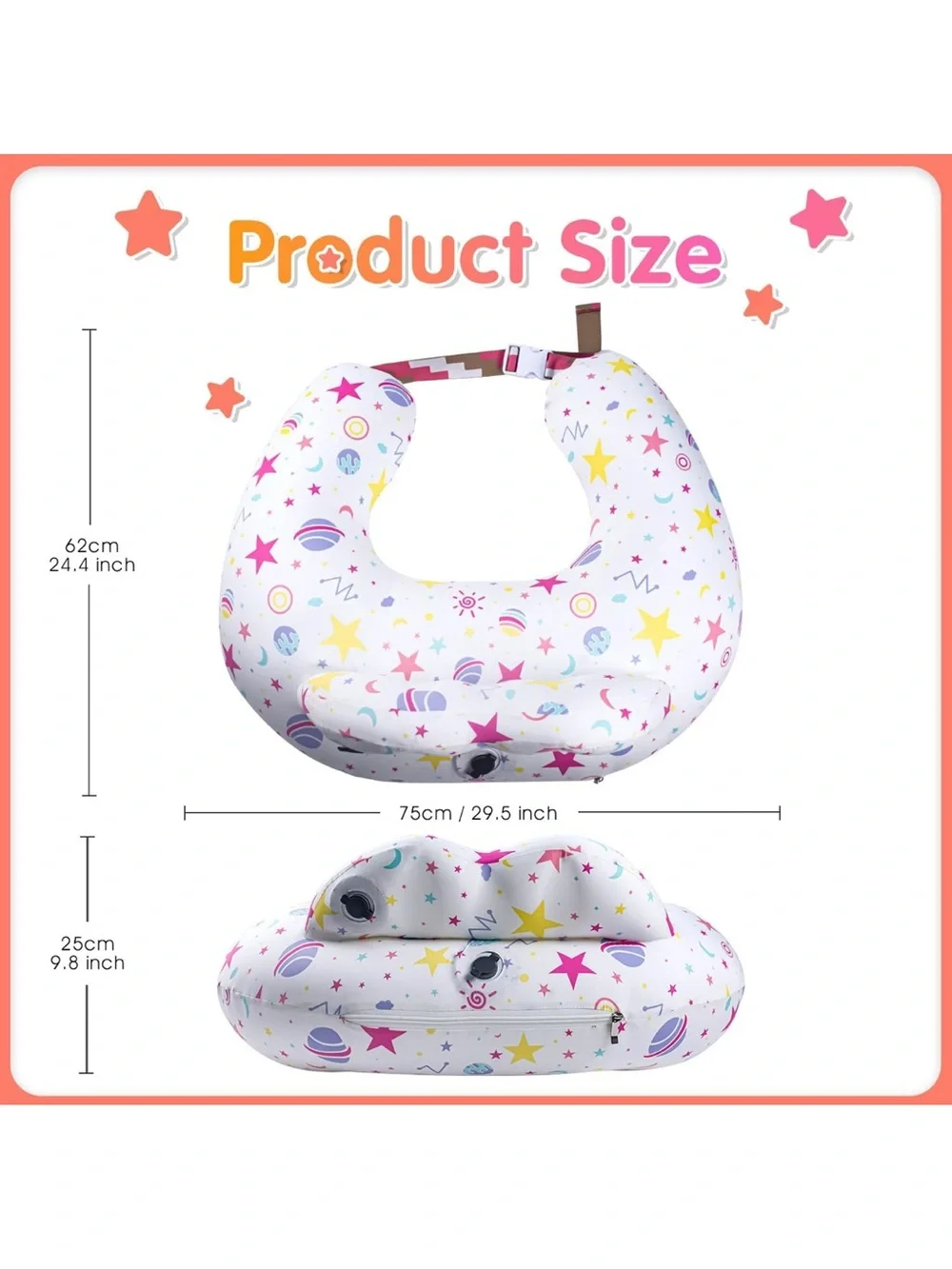 Portabuddy Inflatable Nursing Bib Pillow - White with Pink & Yellow Stars